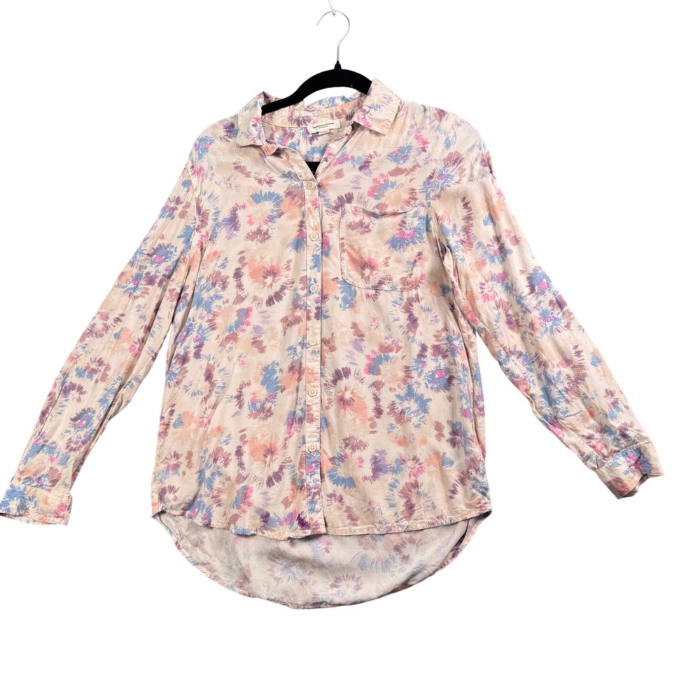 Beachlunchlounge Button Down Shirt Womens Medium Pink Blue Tie Dye Viscose Long